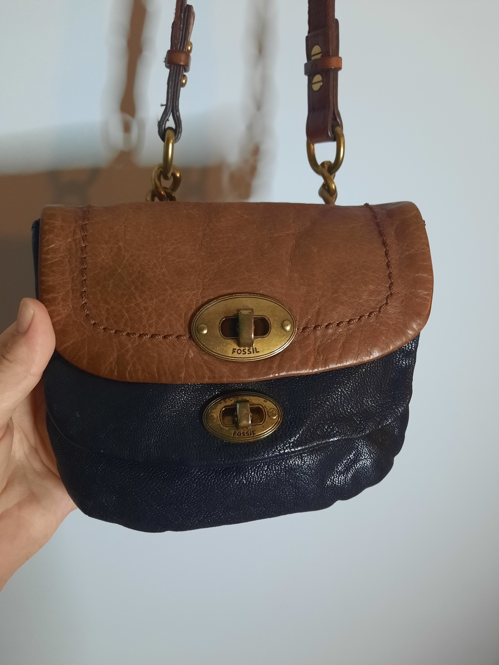 Fossil Brown and Black Leather Small Fold Over Crossbody Bag
